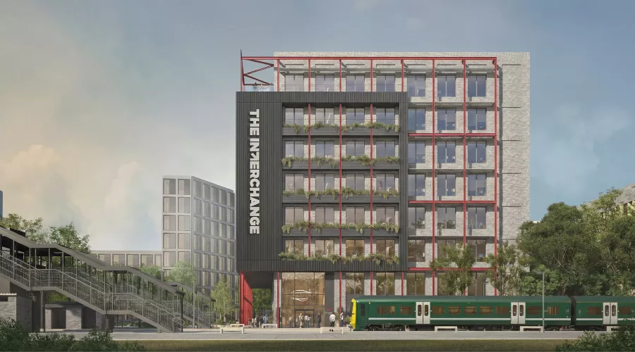 CGI of eight-storey office development near the new train station at Brabazon. 