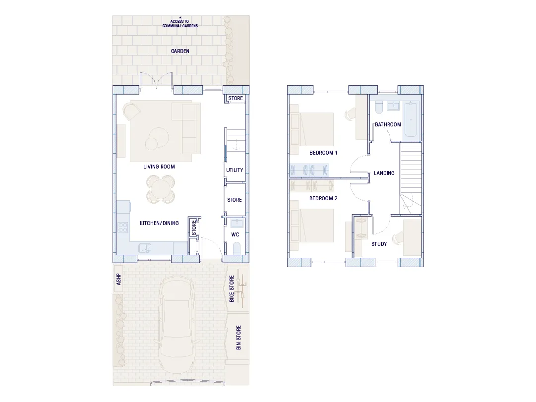 Full floor plan of The Belvedere two bedroom, 1.5 bathroom house