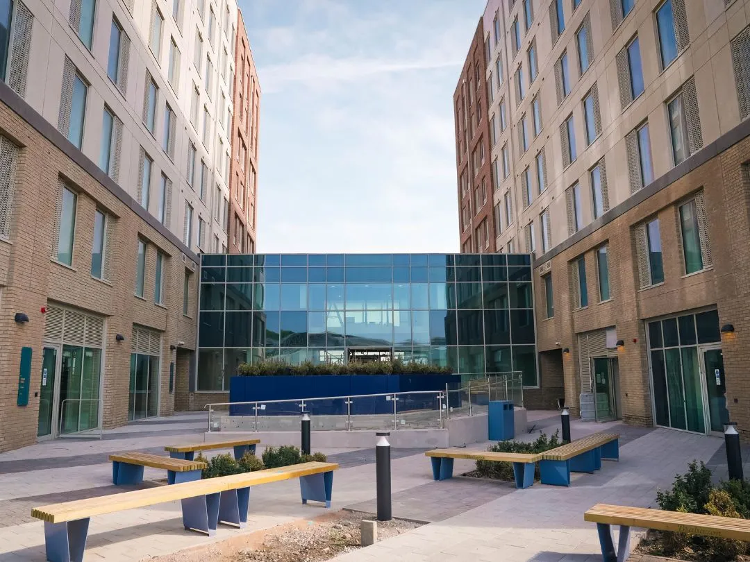 The Propeller Quarter student accommodation at Brabazon, Bristol, showing the exterior courtyard between modern residential buildings