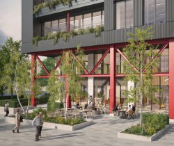 Industrial-style office block with ground-floor cafe.