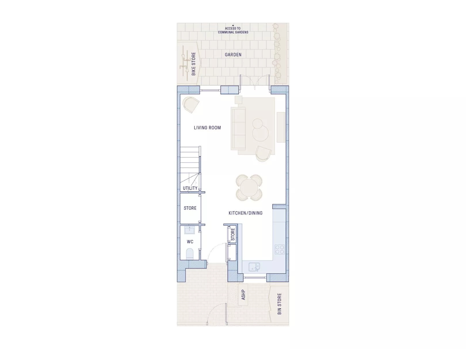 Ground floor with L-shaped fitted kitchen, dining table, living room, W/C and laundry cupboard