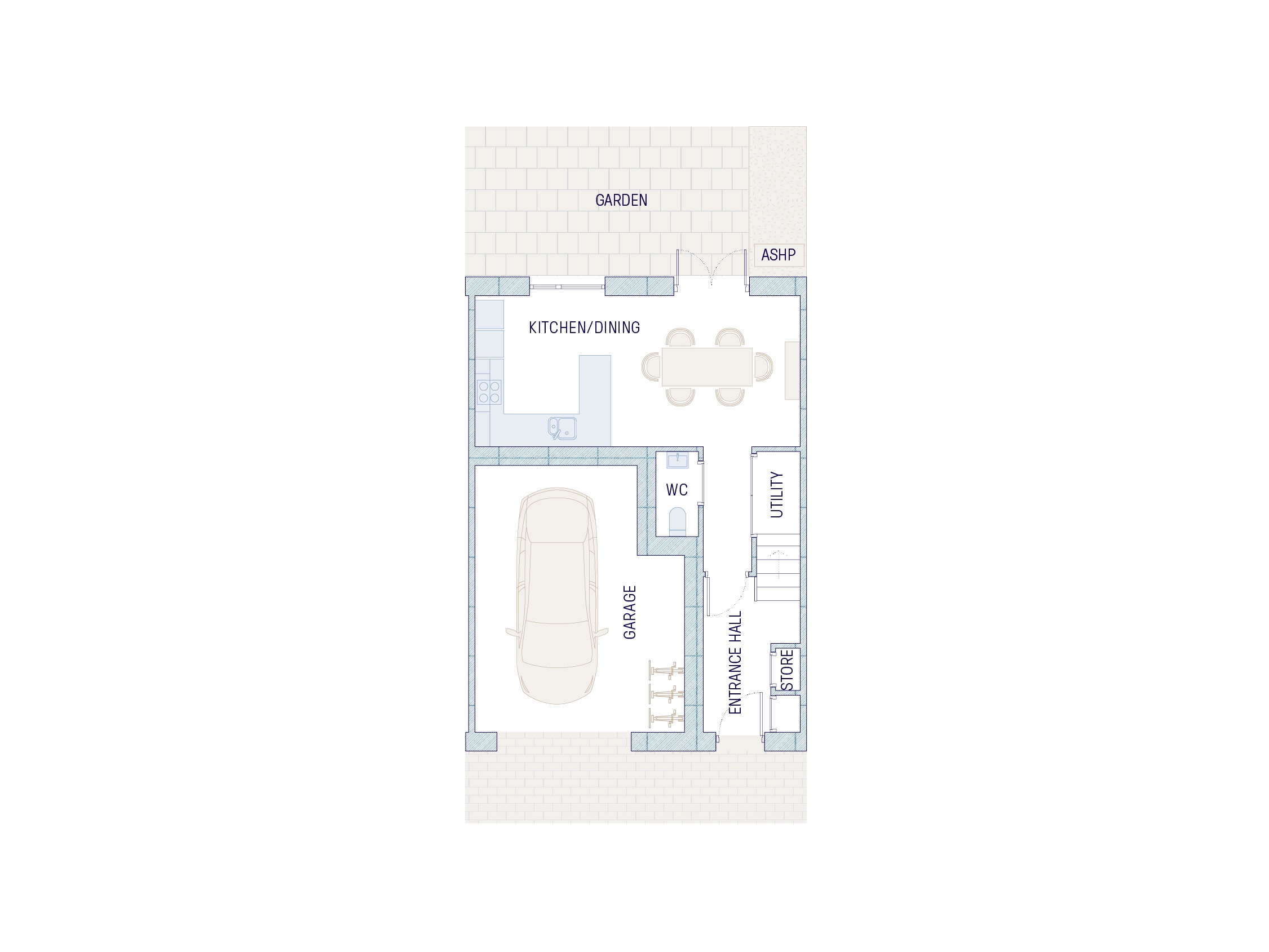 Downstairs floor plan with rear kitchen-dining room and integrated garage car port