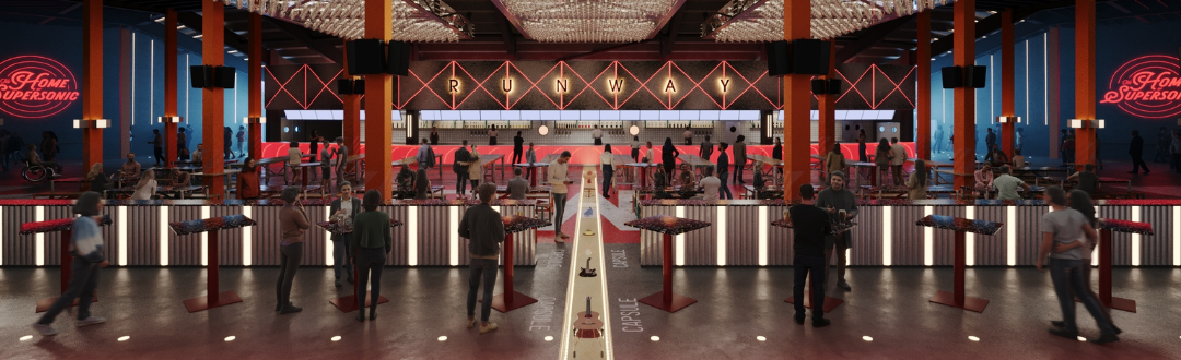 CGI rendering of the busy Runway Bar within Aviva Arena Bristol.