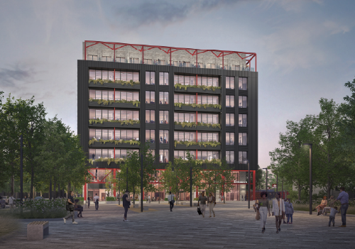 CGI of The Interchange at Brabazon: an eight-story building with vertical gardens on  balcony, featuring bold red accents. People walk in a tree-lined plaza beneath a dusky sky.