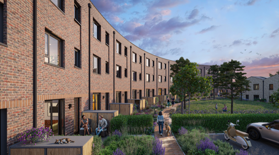 Rendering of The Braemar three-storey red-brick townhouses at Brabazon.