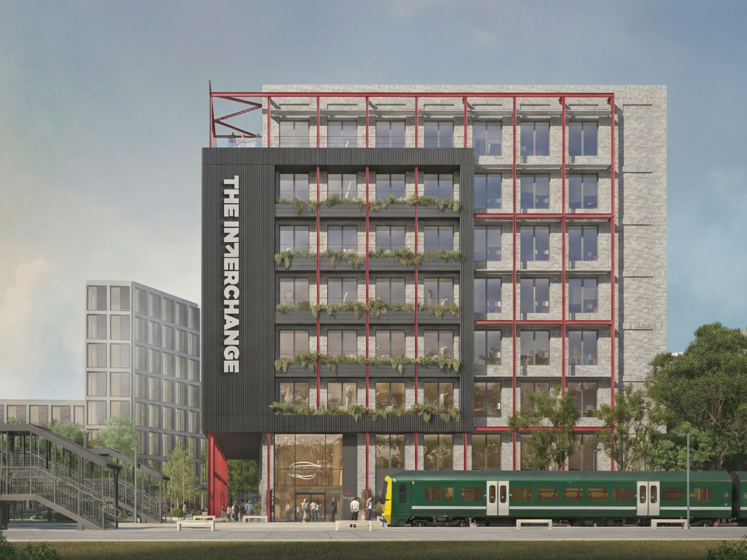 CGI of eight-storey office development with brick and black and red industrial accents.