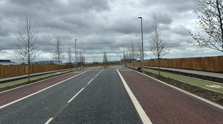 Runway Avenue East tree-lined boulevard at Brabazon with dedicated bus and cycle lanes.
