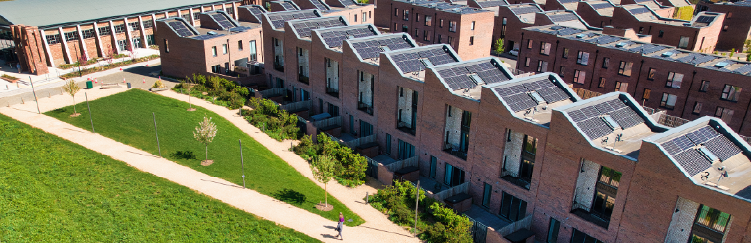 Aerial view of PV solar panels included as standard on homes at Brabazon in Bristol.