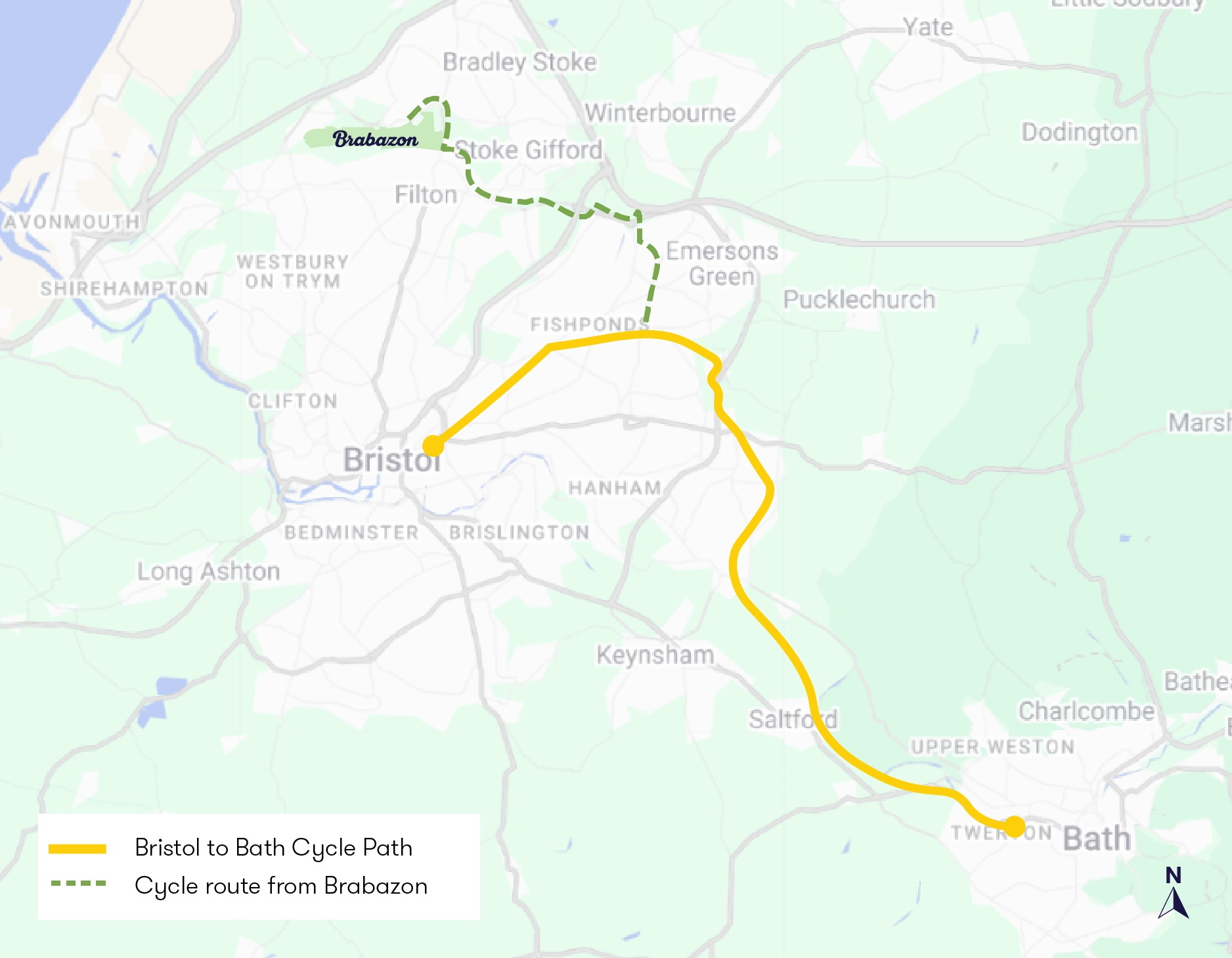 Map showing a cycle route from Brabazon to Bath via Bristol. A dotted green line links Brabazon to the Bristol and Bath Railway Path, shown in solid yellow.