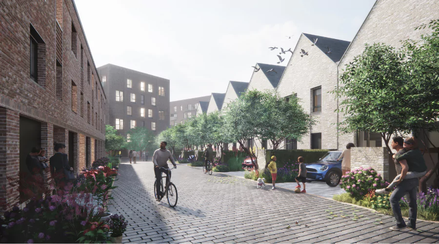 A lively street filled with neighbours, laughter, and activities that embody a sense of community.