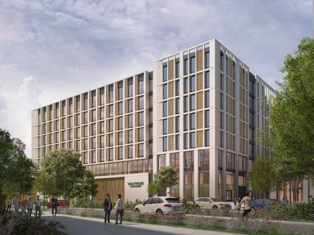 CGI of One Brabazon Gateway: a modern, multi-story building with large windows and a sleek design. The ground floor features new flagship Waitrose, and people walk near parked cars on a tree-lined street. 