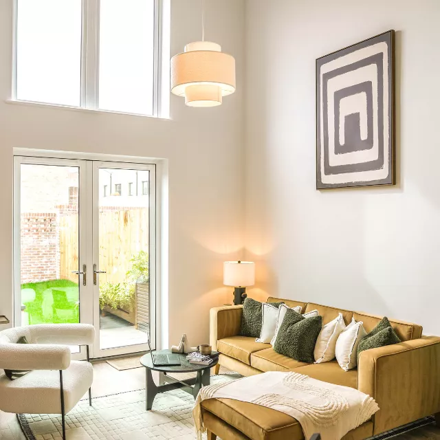 Living room seating area in a light, bright modern new home at Brabazon.