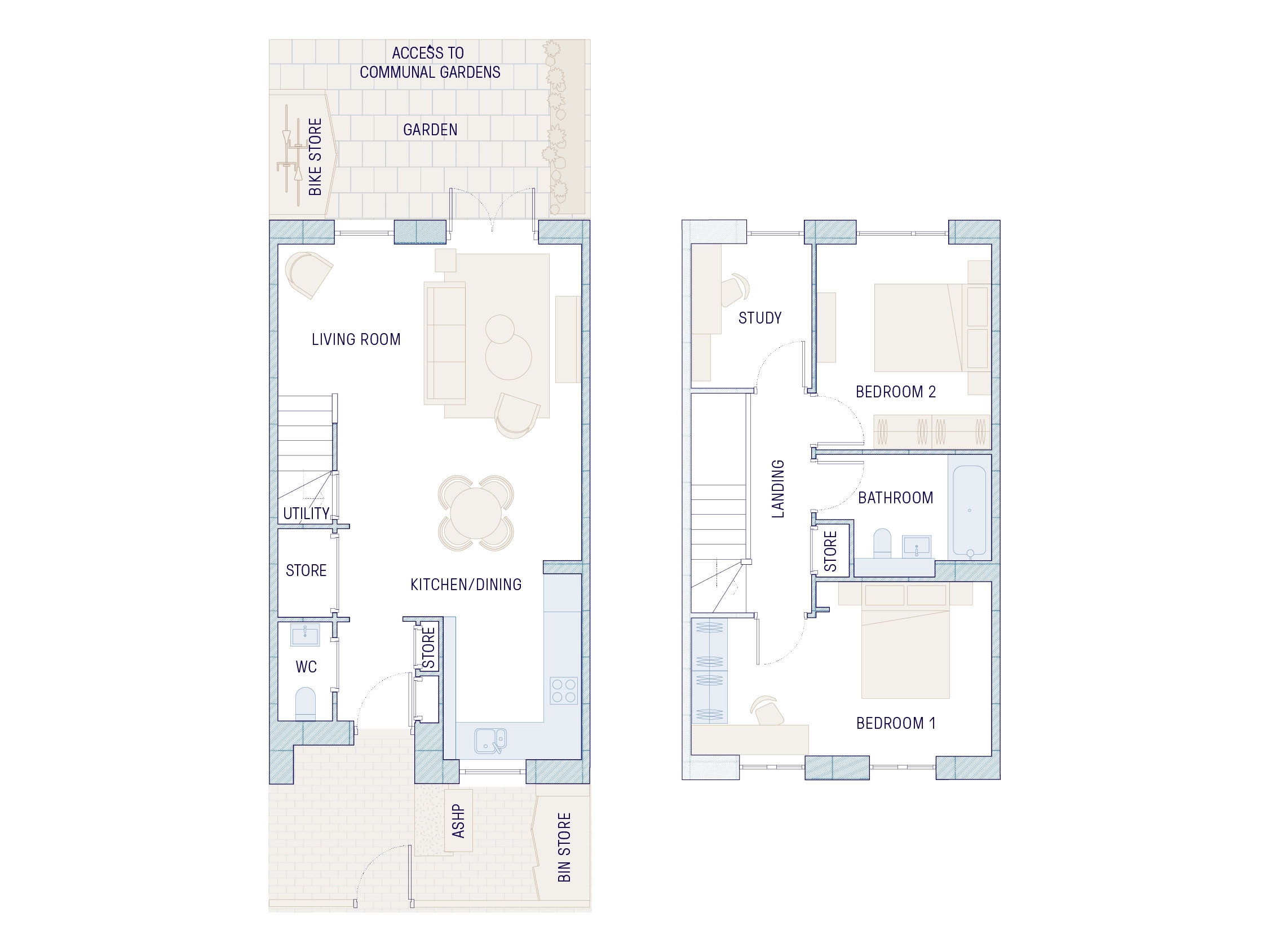 Full floor plan of The Boxkite two bedroom, two storey house