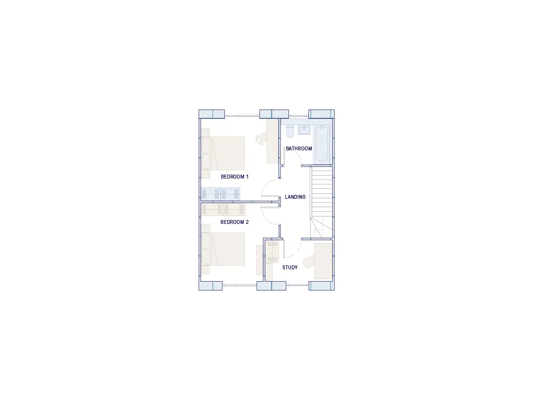 First floor plan with two double bedrooms, family bathroom and study. 