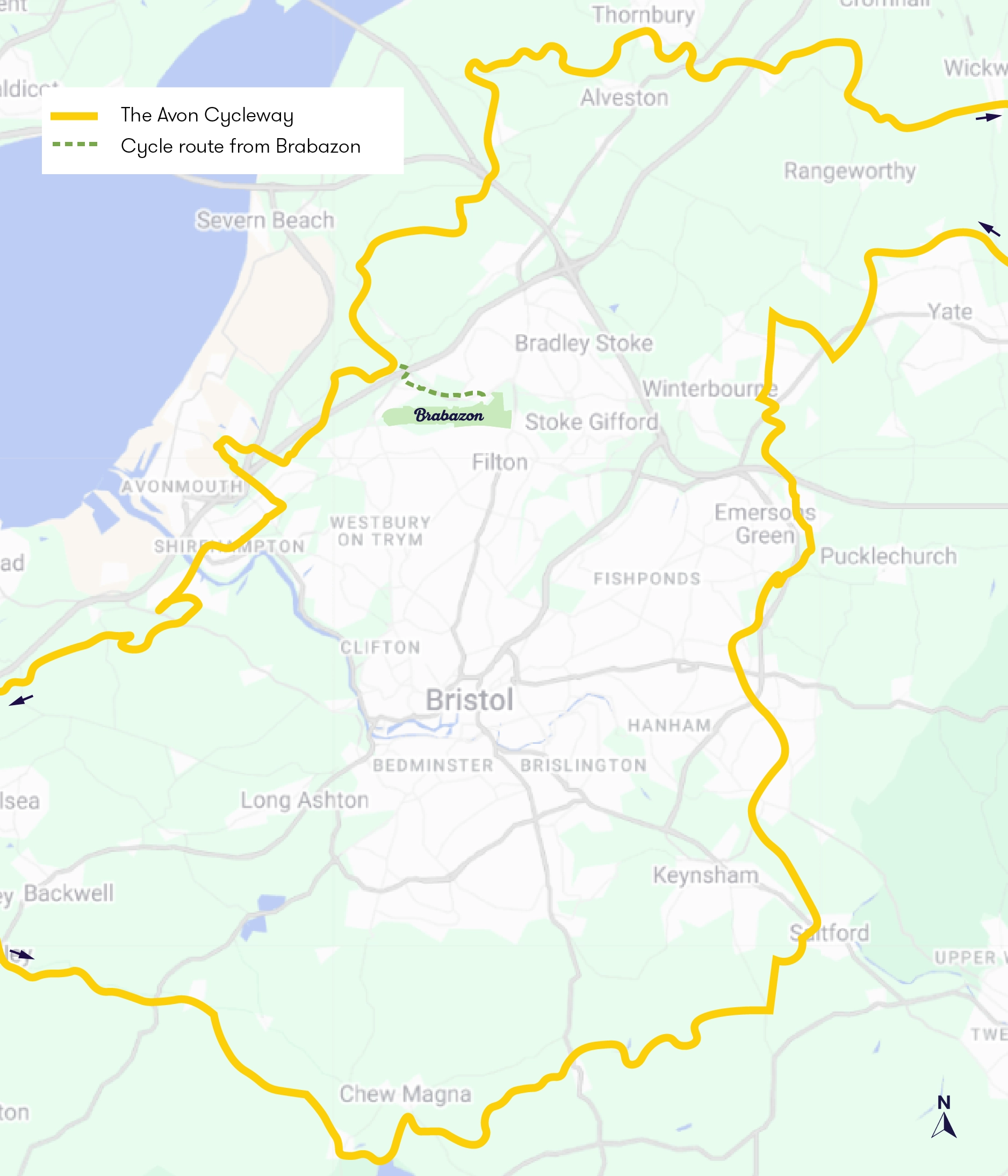 Map of Avon Cycleway in Bristol area. Yellow line denotes the cycle path surrounding Bristol; a dashed green line indicates a route from Brabazon.