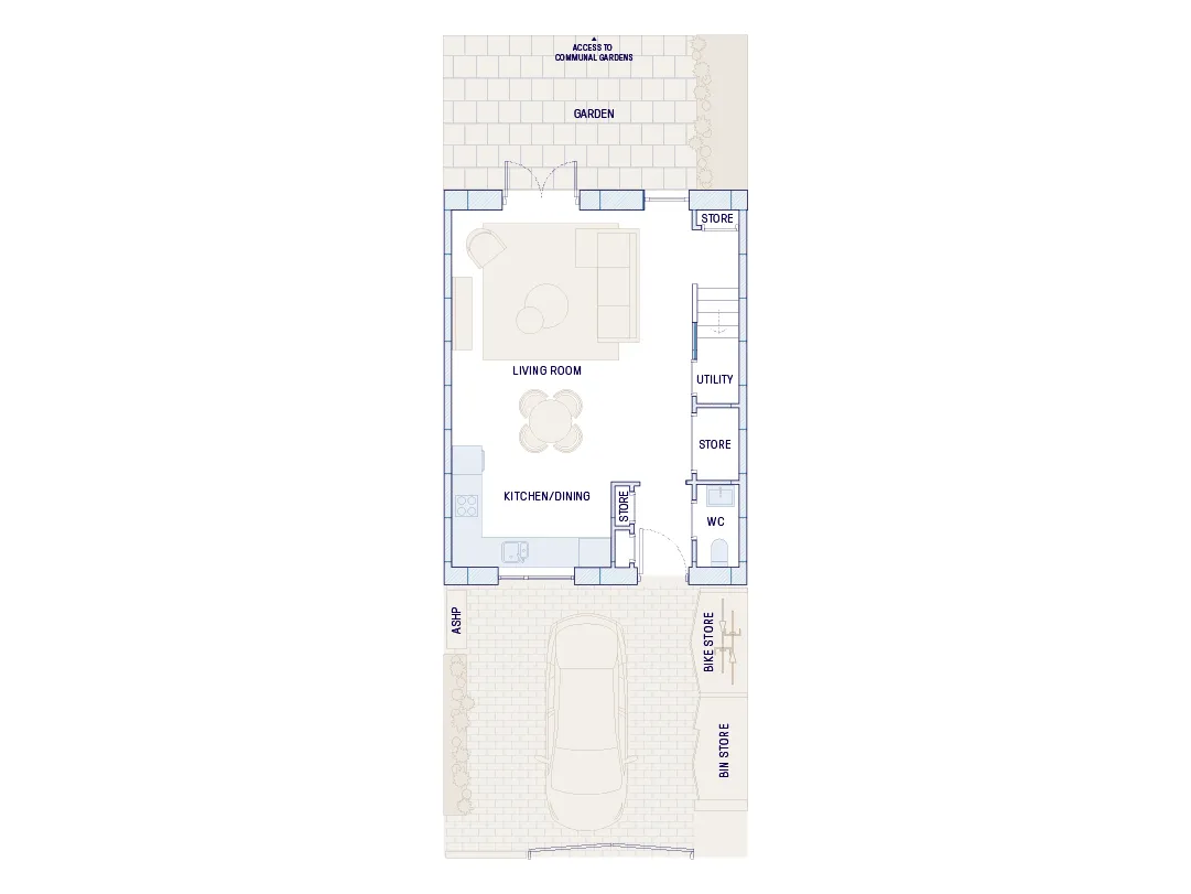 Ground floor of The Belvedere with living room, kitchen and car port 