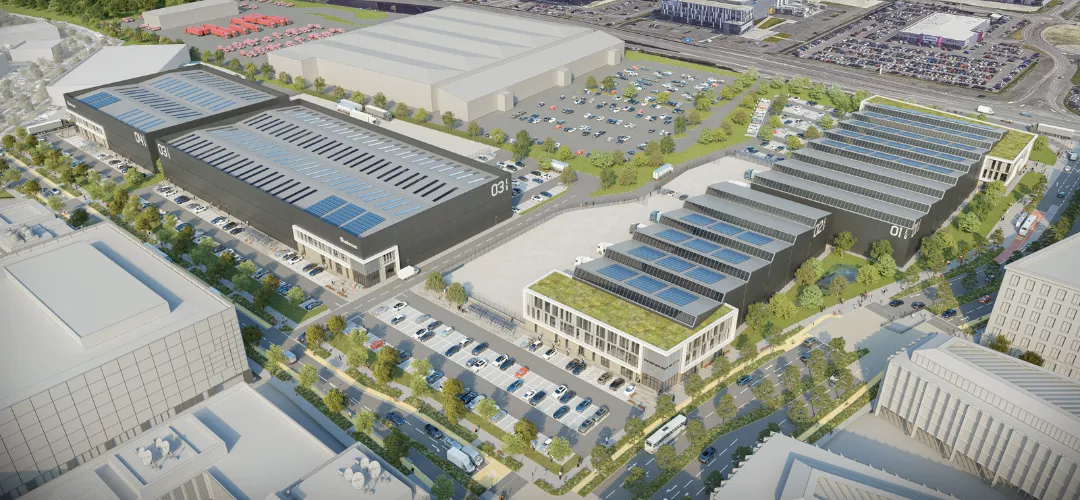 Aerial rendering of high-specification industrial offices for rent in Bristol at Brabazon.
