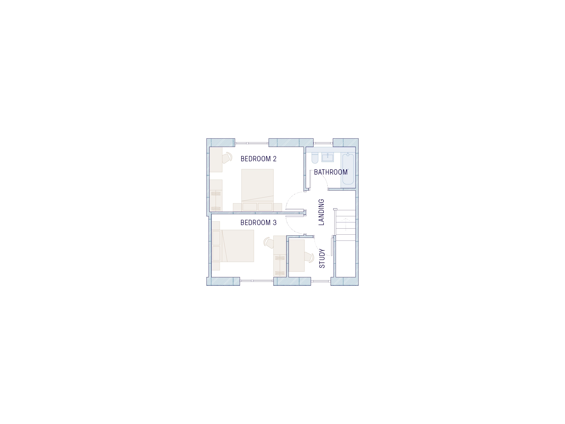 Townhouse top floor plan with two double bedrooms, study and family bathroom