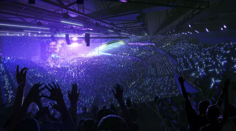 CGI of Aviva Arena, showcasing a busy arena with vibrant purple and blue lights illuminating the crowd.