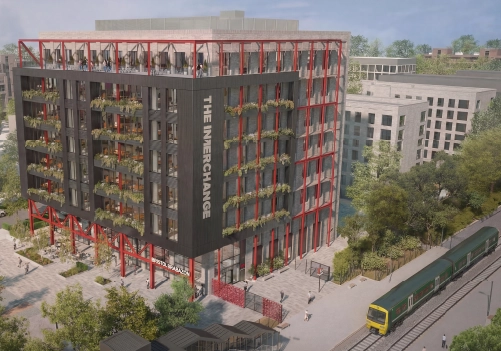 CGI of The Interchange office building and Bristol Brabazon train station. The building features greenery on balconies, red structural accents, nearby trees, and a train passing below.