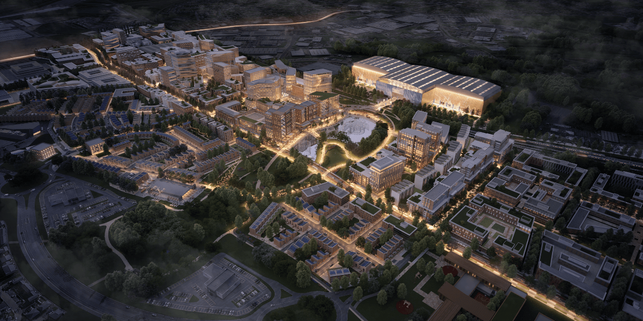Night time aerial perspective of a city centre, highlighting glowing structures and roads in a CGI depiction of Brabazon.