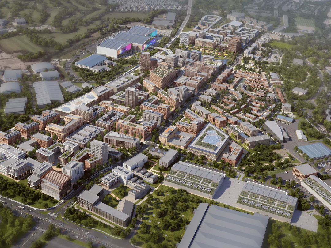 An aerial perspective of Brabazon East, showcasing a well-organised urban landscape with buildings, streets, and green spaces, providing a comprehensive overview of the city's layout and architectural design.