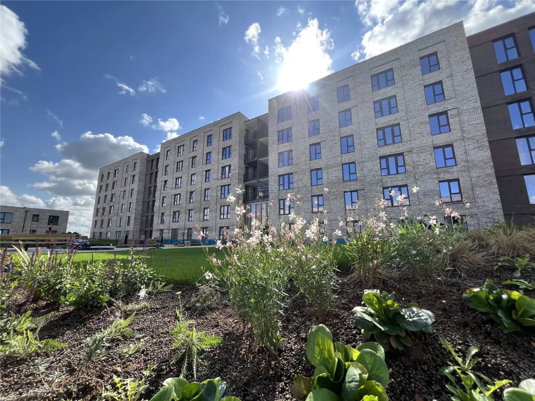 The Dials apartment building taken from the resident's communal garden on a bright sunny day.