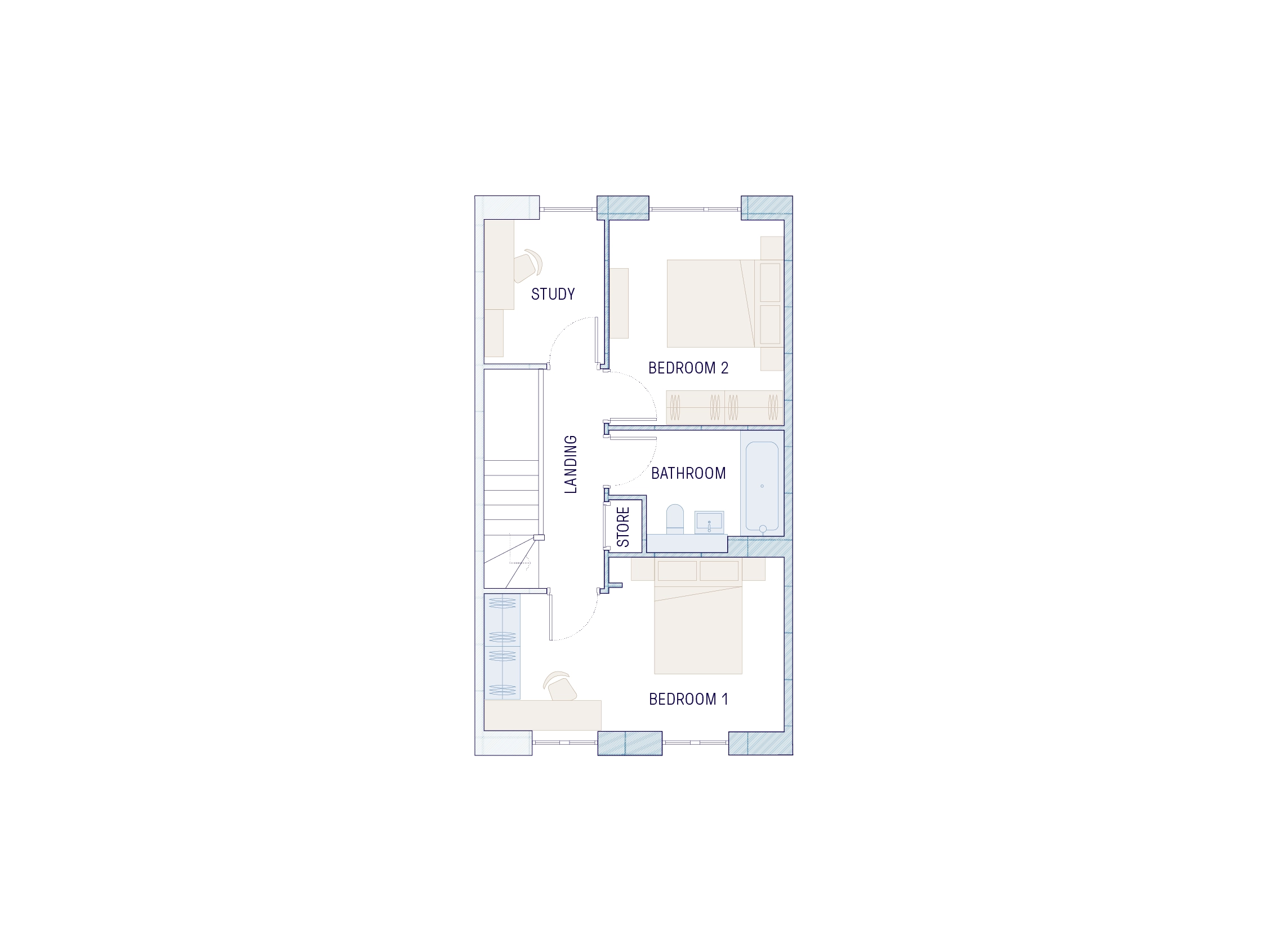 First floor with two double bedrooms, home office, hallway and family bathroom