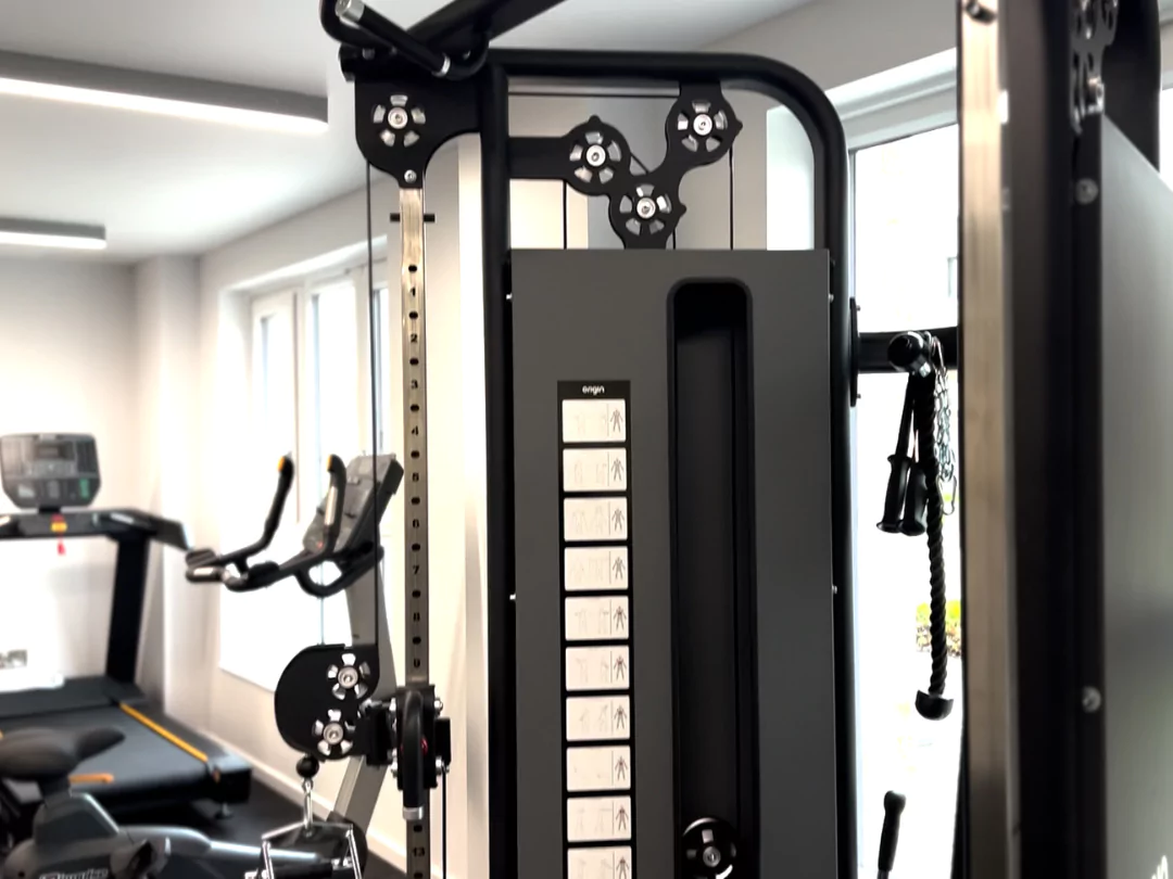 Close up shot of black gym equipment in a fitness studio. 