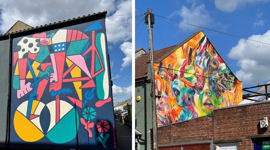 Two vibrant street murals in Bedminster: a geometric abstract cyclist on the left and a colourful, surreal faces composition on a house wall on the right.