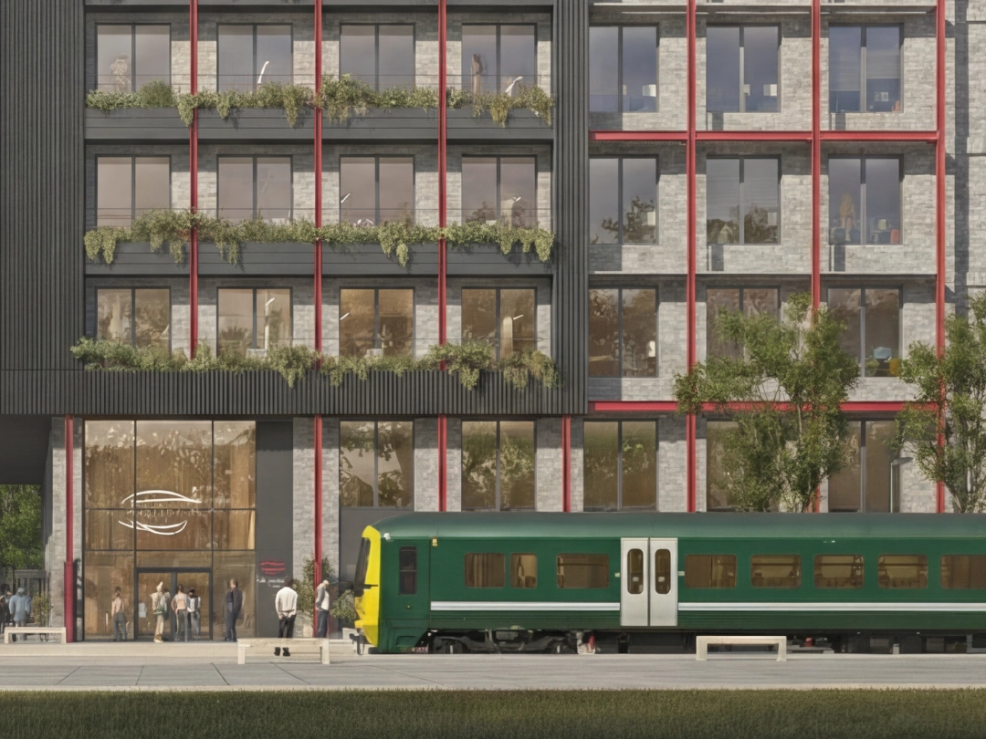 CGI of a GWR train stationary in front of Bristol Brabazon train station. 