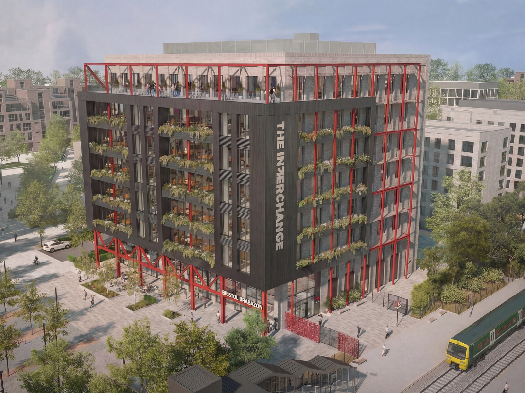 The Interchange modern office block with red and black industrial facade.