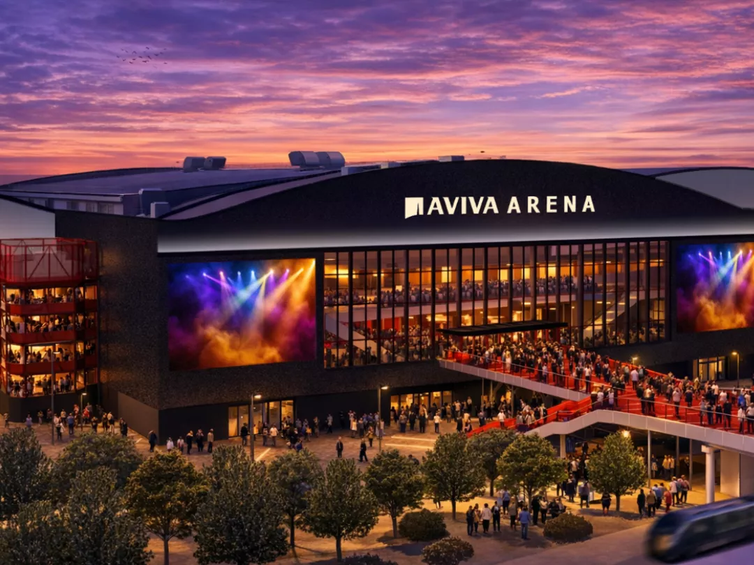 Rendering of people arriving at Aviva Arena Bristol on a busy event night.