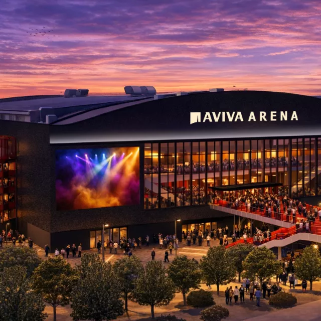 Exterior rendering of Aviva Arena in Bristol lit up at night with flocks of people arriving for an event.