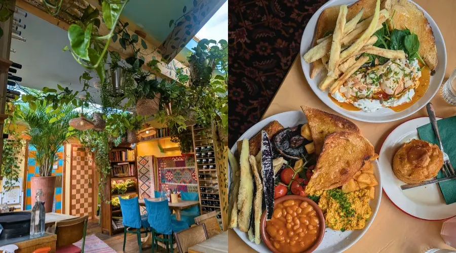 Split image showing a plant-filled restaurant interior alongside a table of plated dishes.