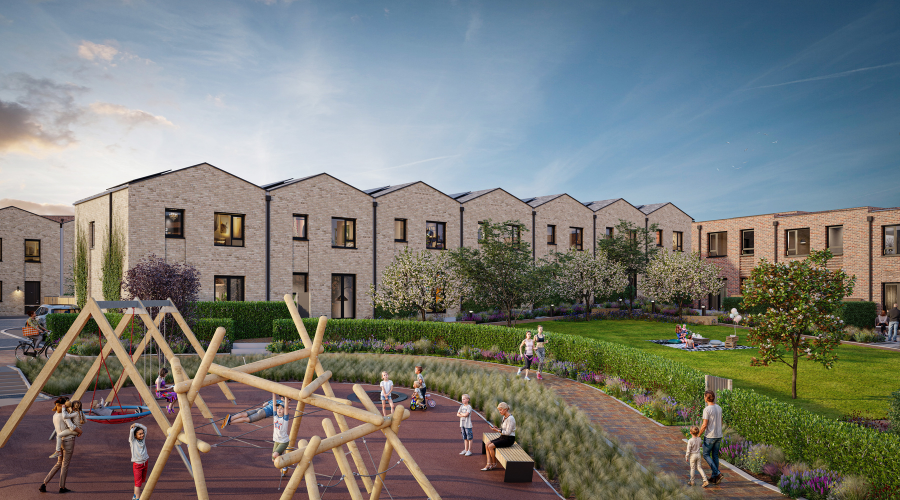 Rendering of The Skylark house type at Brabazon with a children's playground in front.