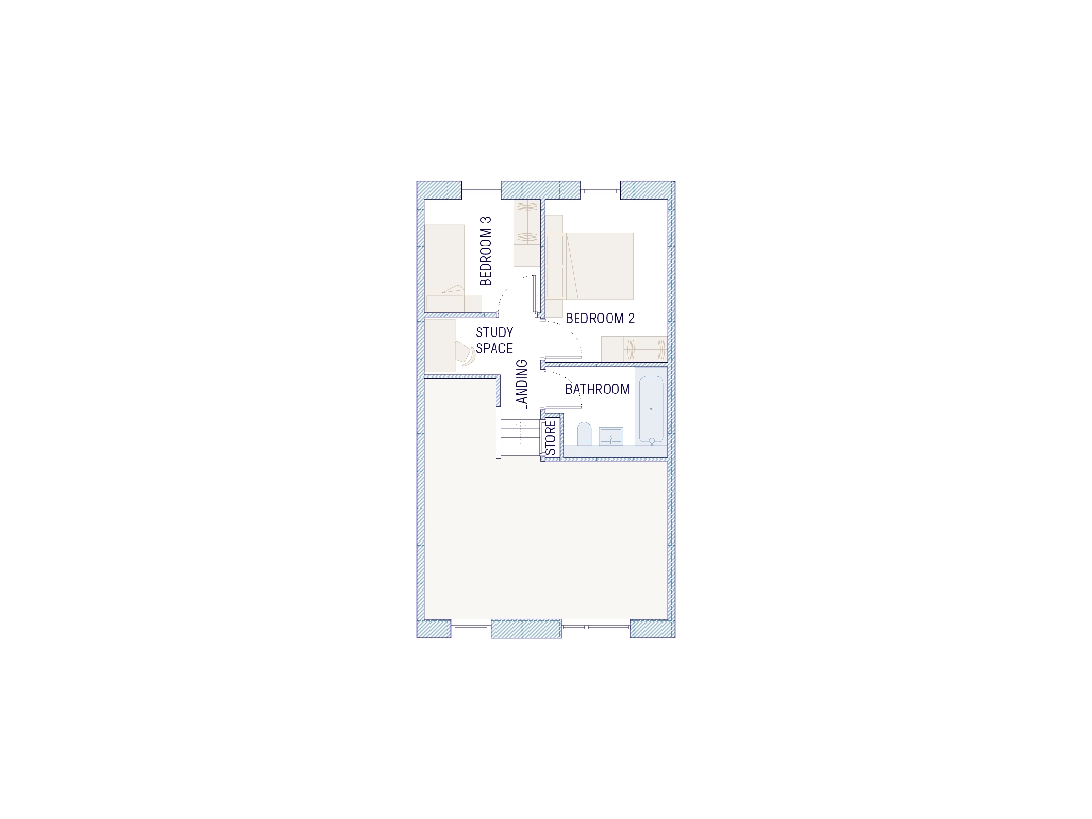Top floor with one double bedroom, one single bedroom, home office and family bathroom