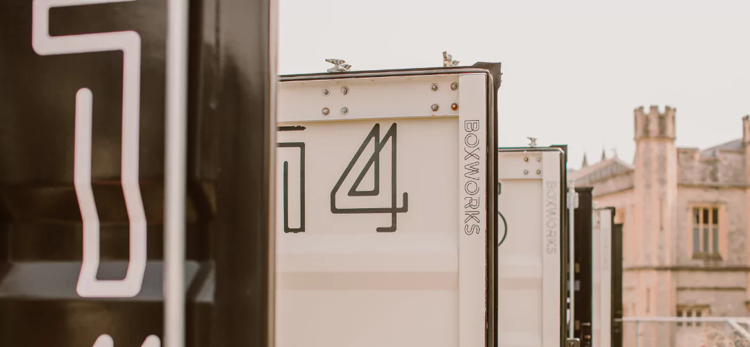 Box numbers printed on the open doors of the small offices at Boxworks at Brabazon.